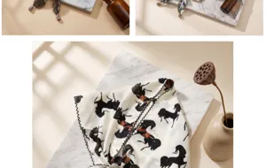 Detailed view of vintage horse print triangular scarf with beaded edged breathable shawl.
