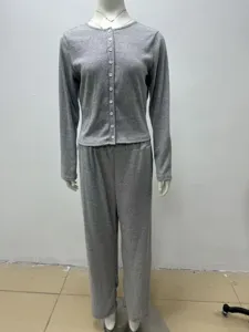 Grey ribbed knit button-up long sleeve top and matching pants casual set for autumn.
