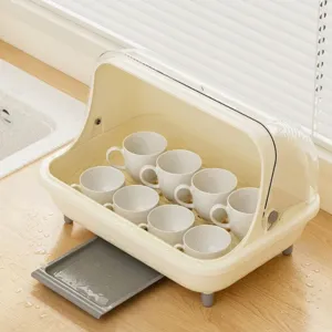 Scatola porta tazza da scrivania antipolvere con vassoio di scarico e set di tazze in ceramica.
