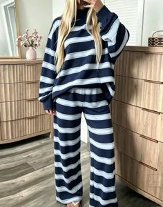Women casual striped lounge set, navy blue two piece long sleeve top and wide leg pants.