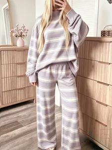Women Striped Loungewear Set Long Sleeve Top And Pants Casual Fall Tracksuit Outfit