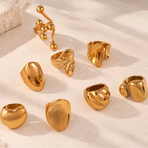 Juego de anillos gruesos de acero de titanio dorado, joyería de dedos geométrica de moda.