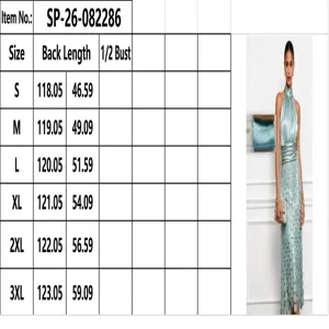 Women's sleeveless halter maxi dress size chart with detailed bust and length measurements.