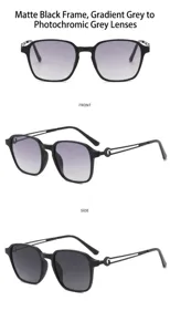 Detail view of square frame polarized sunglasses with matte black temples and gradient lenses.