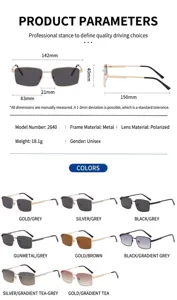 Detailed sunglasses dimensions, metal frame specifications, and multiple color variations.