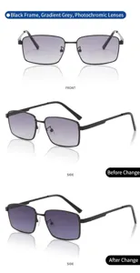Metal square frame photochromic sunglasses side and front detail showing color change.