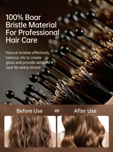 Close-up detail of boar bristle hair brush with round ball tips for scalp massage and care.