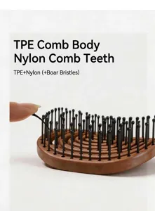 Curved hair brush with TPE body and nylon bristles for easy daily hair styling care.