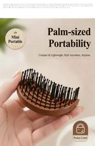 Pocket hair massage comb, wooden curved scalp brush with soft round teeth for easy daily styling.