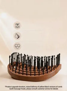 Close-up detail of the wooden curved hair massage comb with long black bristles for scalp care.