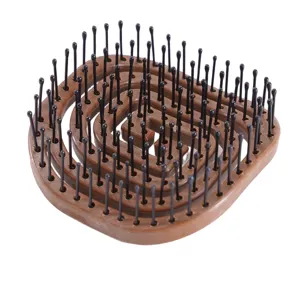 Brown spiral hair brush with black bristles, portable massage comb for daily hair styling.