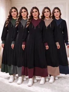 Plus size color block hooded maxi dress casual long sleeve patchwork long dresses for women