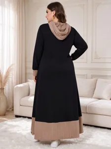 Plus size long sleeve hooded color block maxi dress, casual autumn winter casual loose dress.