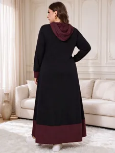 Plus size women autumn winter colorblock hooded long sleeve maxi dress casual patchwork outfit