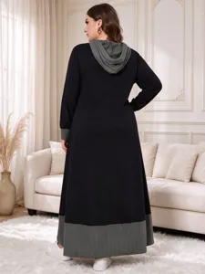 Plus size long sleeve contrast hoodie maxi dress detail view showcasing casual comfort fit.