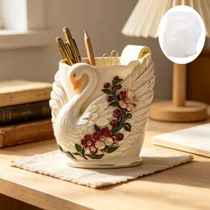 Moule en silicone de pot de fleur cygne exquis avec design floral en relief 3D bricolage.
