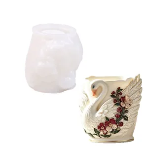 Moule en silicone pot de fleur cygne, relief 3D animal floral cache-pot pour bougie.