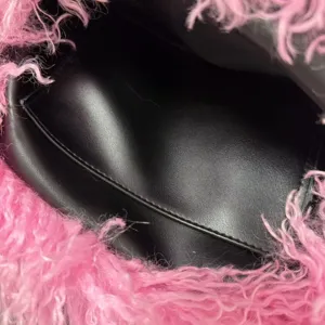 European style fluffy plush handbag detail black leather interior pink feather cloud bag.