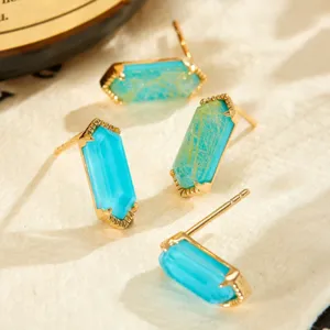 Geometric turquoise and rutilated quartz stud earrings in 925 sterling silver gold plated.