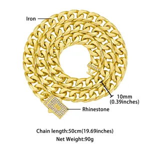 Gold Cuban link chain necklace for men hip hop style with rhinestone clasp 10mm width 50cm length