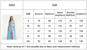 Size chart for women's strapless corseted evening gown, floor-length maxi dress details.