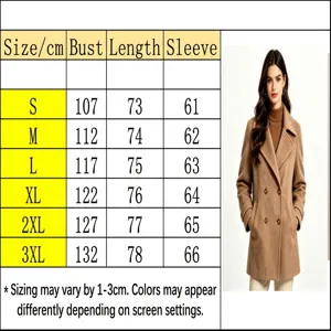 Size chart detail for women's casual lapel button wool blend trench coat in autumn.
