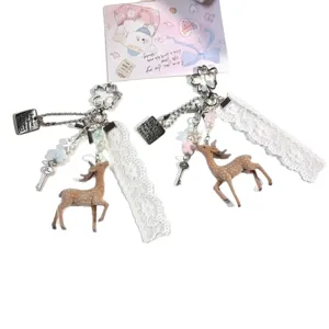 Cute lace deer keychain charm with soft pink and white tones, spring forest aesthetic pendant.