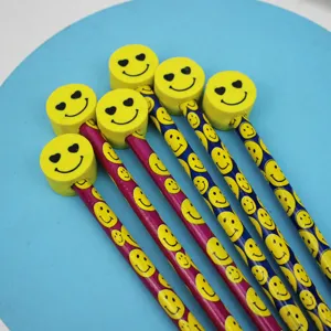 Cute cartoon smiley face eraser wooden pencil student stationery reward supply wholesale