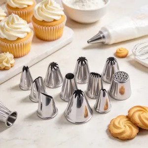 Stainless steel icing piping tips set for cake decorating, baking pastry tools and nozzles.