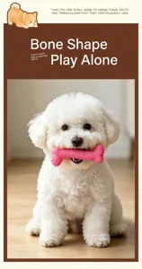 Detailed shot of a cute white puppy chewing on a pink spiked TPR dog bone grinding toy for pets.