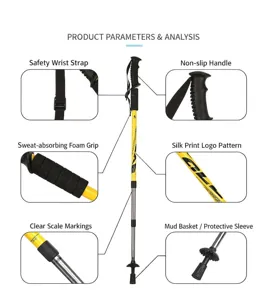 Adjustable aluminum alloy trekking pole with anti-slip foam grip and wrist strap for hiking gear.