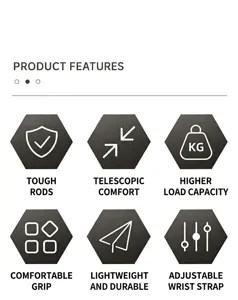 Aluminum alloy telescopic trekking pole feature guide showing durability and adjustable strap.