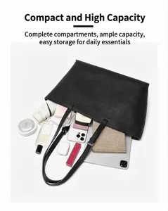 Borsa shopper in pelle nera di grande capacita, elegante borsa a spalla quotidiana.