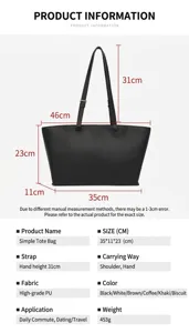 Borsa tote nera minimalista in pelle PU, borsa a spalla di grande capacita per il lavoro.