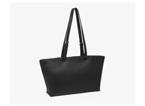 Vista di dettaglio della borsa shopper nera, con grande capienza e tracolla regolabile.