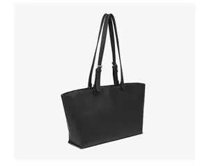 Vista dettagliata della borsa tote in pelle nera, con cinturini e finitura elegante.