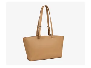 Borsa tote casual da lavoro in pelle marrone con doppi manici e fibbie regolabili.