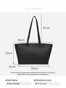 Borsa a shopper nera minimalista da donna, grande borsa a spalla per lavoro quotidiano.