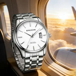 Stainless steel mens wristwatch with white dial date display and stylish metal strap.