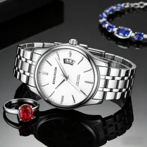 Men's stainless steel watch with white dial, calendar display, and stylish steel strap for business.