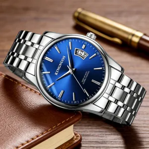 Men's stainless steel watch detail view featuring a striking blue dial and date window.