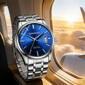 Men's stainless steel wristwatch with blue dial business casual quartz watch waterproof
