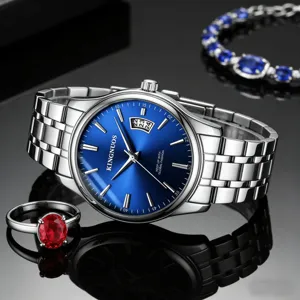 Men's luxury business stainless steel quartz watch with blue dial, calendar and metal strap.