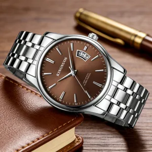 Men's stainless steel quartz watch with brown dial and calendar display detail shot.