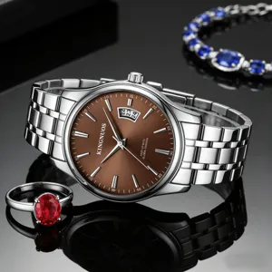 Men stainless steel watch brown dial calendar quartz wristwatch fashion luxury business clock