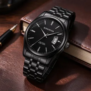 Men stainless steel black quartz watch detailed view with calendar display and metal strap.
