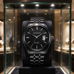 KINGNUOS black stainless steel men watch with date display, sleek dial design for daily business.
