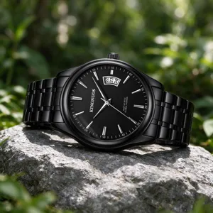 Detailed close-up of all-black quartz watch with metal strap displayed on natural grey stone.