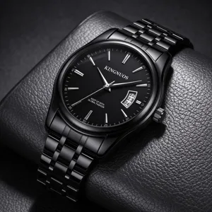 Detailed shot of black stainless steel men quartz watch with sleek dial and calendar function.