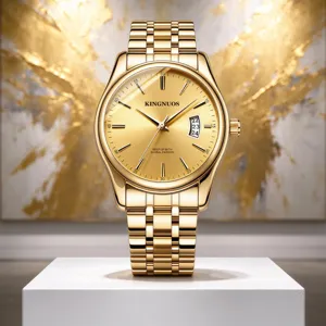 Men's gold quartz watch with metal strap, date display and elegant golden dial design.